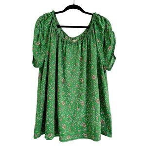 Max Studio Plus Size 1X Green Floral Boho Blouse Shirt Top Stretch Short Sleeve